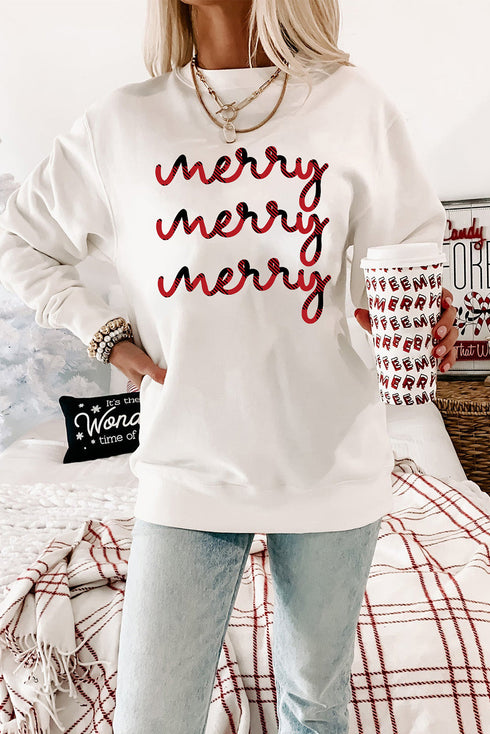 White Merry Plaid Print Crew Neck Pullover Sweatshirt