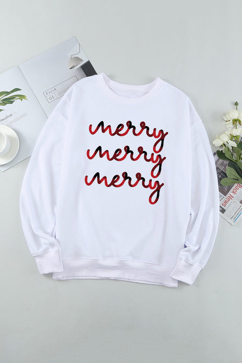White Merry Plaid Print Crew Neck Pullover Sweatshirt