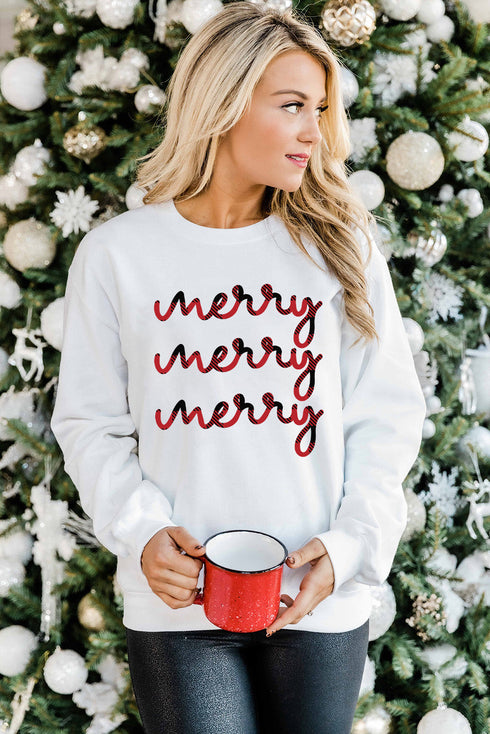 White Merry Plaid Print Crew Neck Pullover Sweatshirt