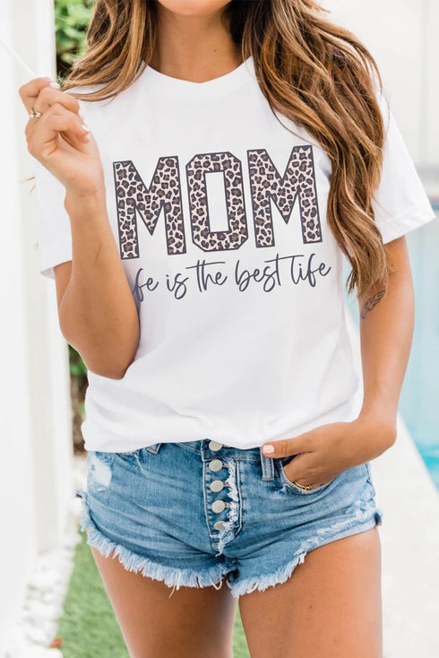 White Mom Life Is The Best Life Leopard Print Graphic T Shirt