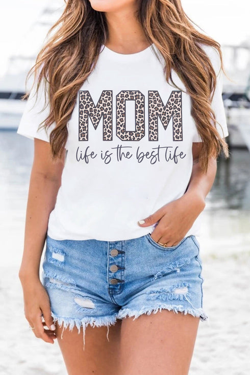 White Mom Life Is The Best Life Leopard Print Graphic T Shirt
