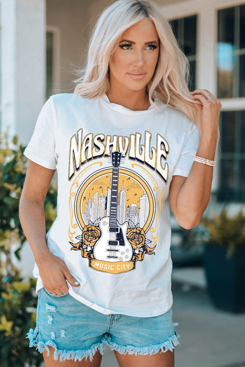 White Music City Nashville Guitar Floral Print Graphic T Shirt