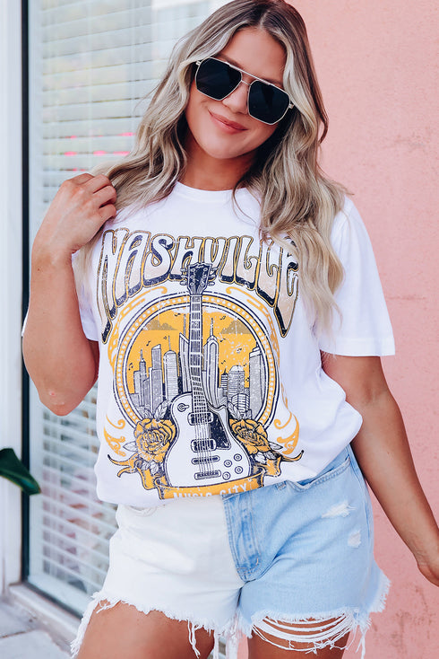 White Music City Nashville Guitar Floral Print Graphic T Shirt