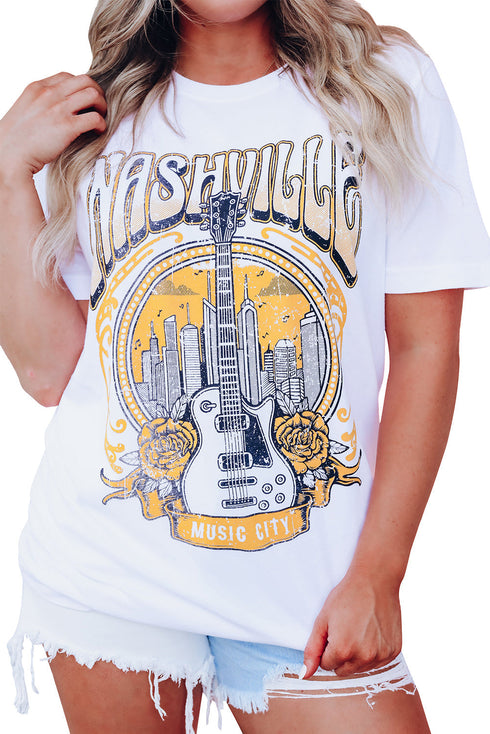 White Music City Nashville Guitar Floral Print Graphic T Shirt