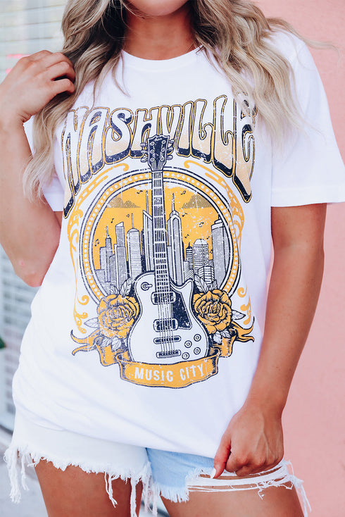 White Music City Nashville Guitar Floral Print Graphic T Shirt
