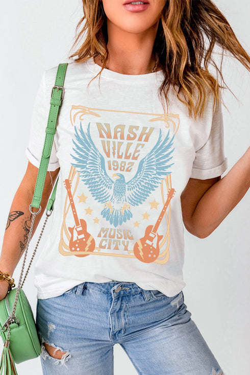 White Nashville 1982 Eagle Graphic Print Casual T Shirt