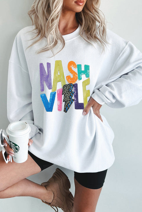 White Nashville Graphic Corded Oversized Sweatshirt