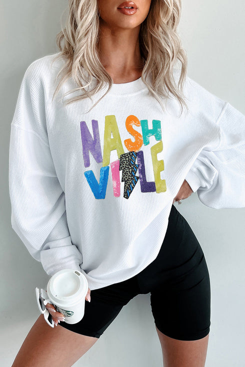 White Nashville Graphic Corded Oversized Sweatshirt