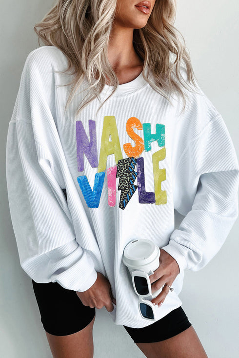 White Nashville Graphic Corded Oversized Sweatshirt