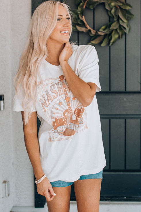 White Nashville Graphic Printed Short Sleeve T Shirt