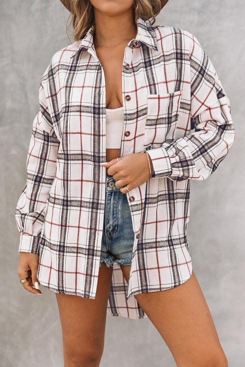 White Oversized Plaid Pattern Shacket With Slits