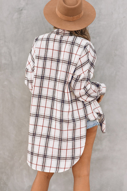 White Oversized Plaid Pattern Shacket With Slits