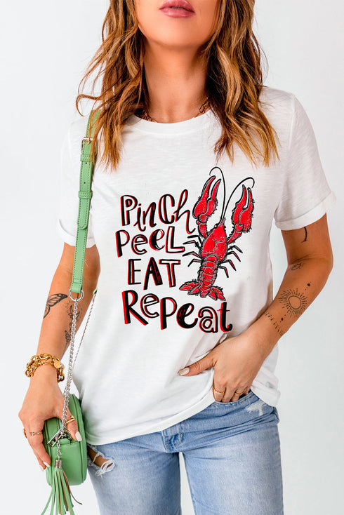 White Pinch Peel Eat Repeat Crawfish Print Crew Neck Tee