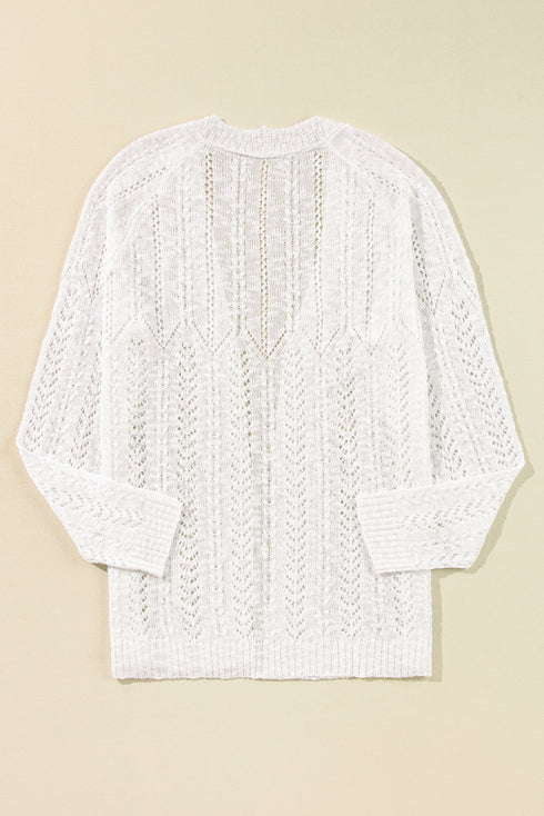 White Plus Size Eyelet Knit Open Front Cardigan