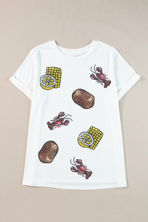 White Plus Size Sequin Crawfish Summer Fine Food Graphic Tee