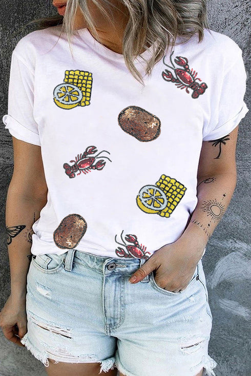 White Plus Size Sequin Crawfish Summer Fine Food Graphic Tee