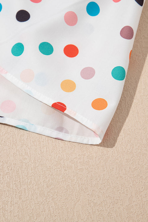 White Polka Dot Print Bubble Sleeve Button Up Plus Size Shirt Dress