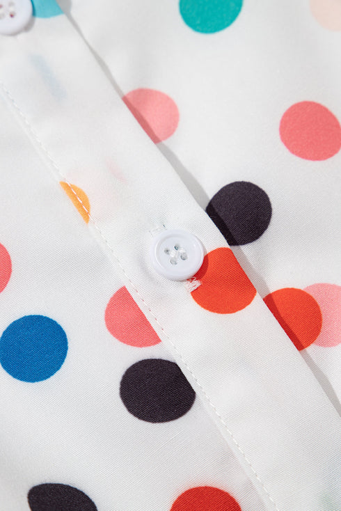 White Polka Dot Print Bubble Sleeve Button Up Plus Size Shirt Dress