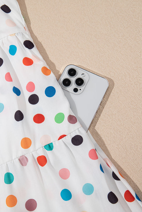 White Polka Dot Print Bubble Sleeve Button Up Plus Size Shirt Dress