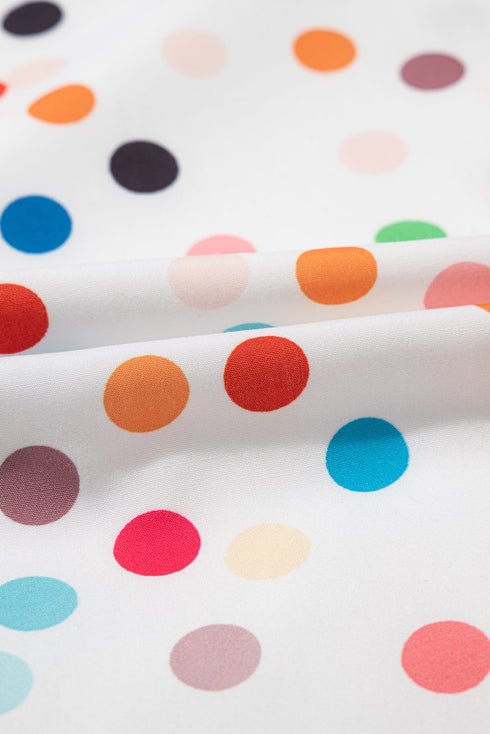 White Polka Dot Print Bubble Sleeve Button Up Plus Size Shirt Dress