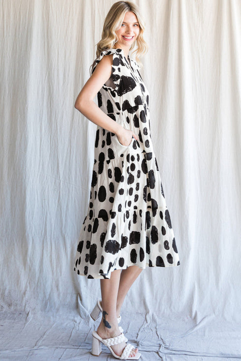 White Polka Dot Print Ruffled Sleeve Pocketed Plus Size Midi Dress