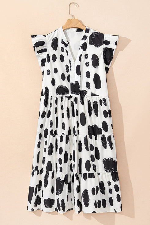 White Polka Dot Print Ruffled Sleeve Pocketed Plus Size Midi Dress