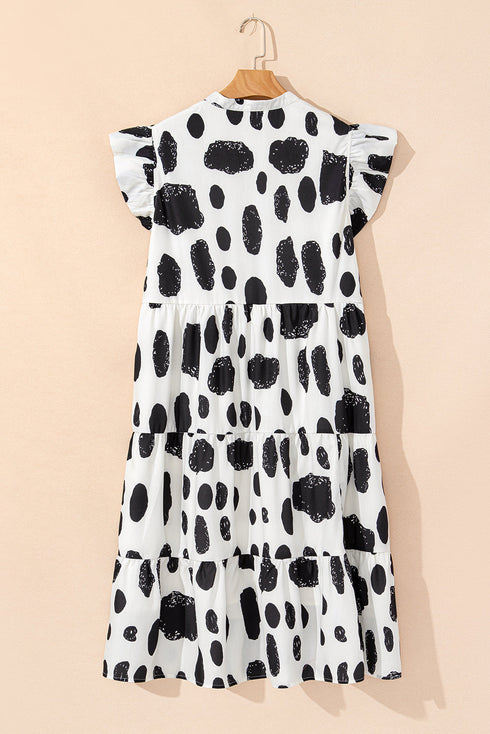 White Polka Dot Print Ruffled Sleeve Pocketed Plus Size Midi Dress