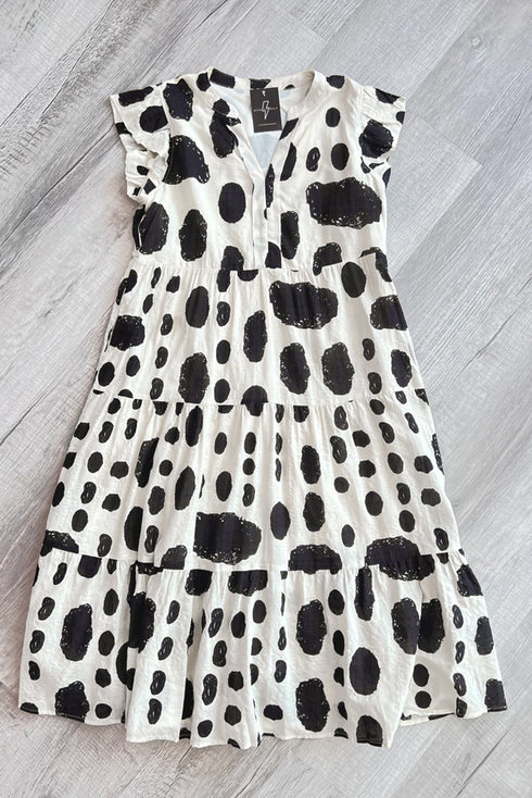 White Polka Dot Print Ruffled Sleeve Pocketed Plus Size Midi Dress