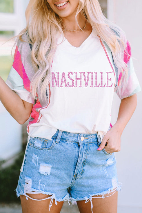 White Rhinestone NASHVILLE Striped Raglan Sleeve V Neck T Shirt