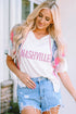 White Rhinestone NASHVILLE Striped Raglan Sleeve V Neck T Shirt