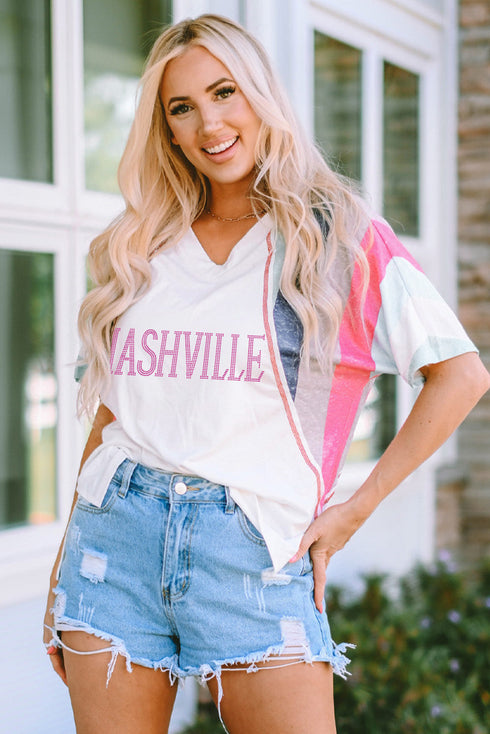 White Rhinestone NASHVILLE Striped Raglan Sleeve V Neck T Shirt
