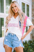 White Rhinestone NASHVILLE Striped Raglan Sleeve V Neck T Shirt