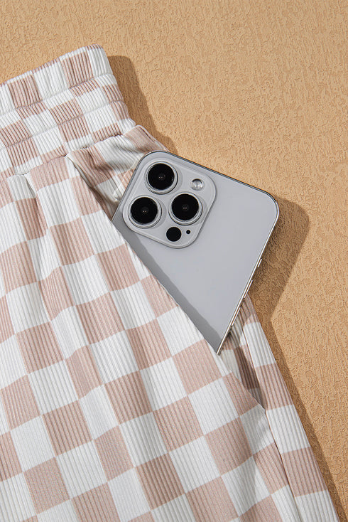 White Ribbed Texture Checkered Print 2pcs Tank and Pants Set