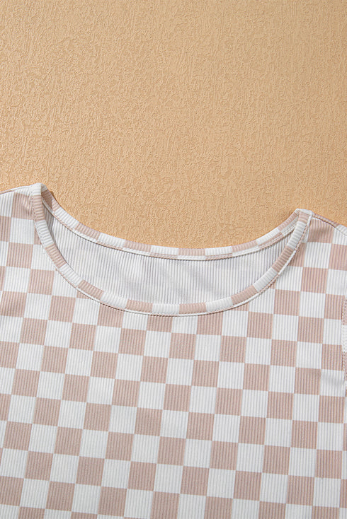 White Ribbed Texture Checkered Print 2pcs Tank and Pants Set