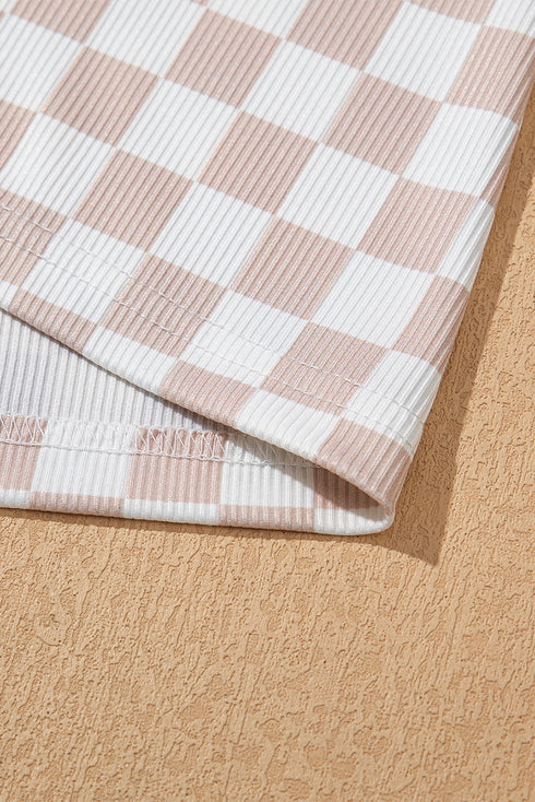 White Ribbed Texture Checkered Print 2pcs Tank and Pants Set