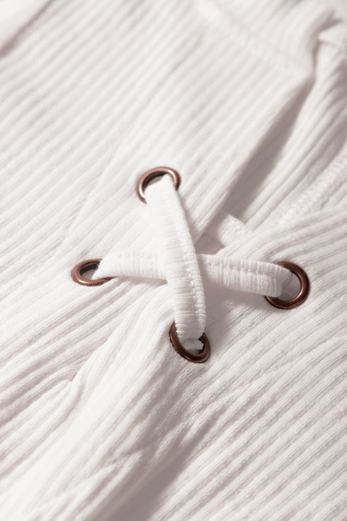 White Ribbed Texture Lace Patchwork Short Sleeve Top