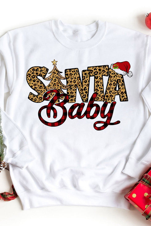 White Santa Baby Leopard Plaid Print Pullover Sweatshirt