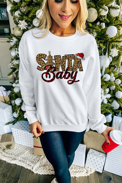 White Santa Baby Leopard Plaid Print Pullover Sweatshirt