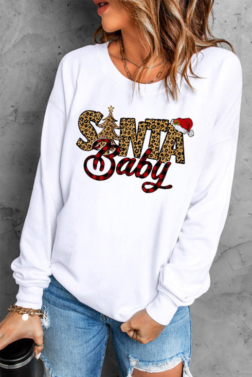 White Santa Baby Leopard Plaid Print Pullover Sweatshirt