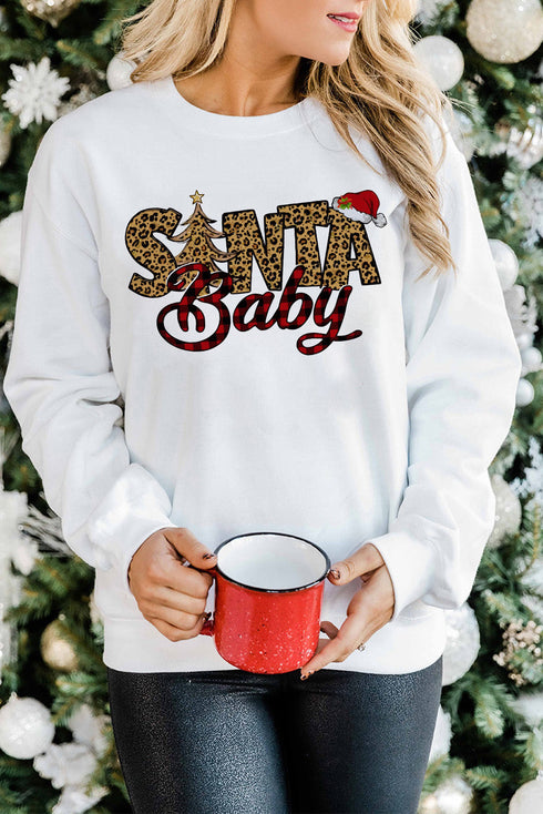 White Santa Baby Leopard Plaid Print Pullover Sweatshirt