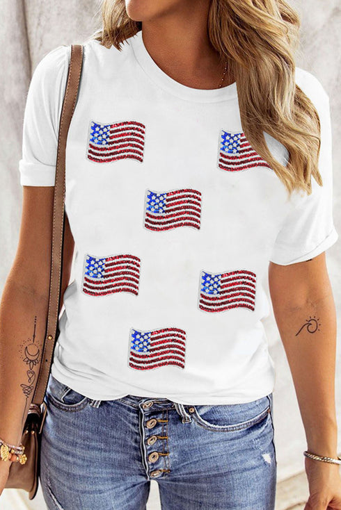 White Sequin American Flag Patched Casual T Shirt