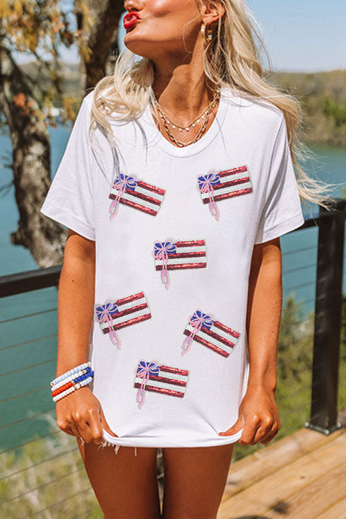 White Sequin Bow American Flag Patched T Shirt