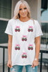 White Sequin Bow Strawberry Graphic Crew Neck T Shirt