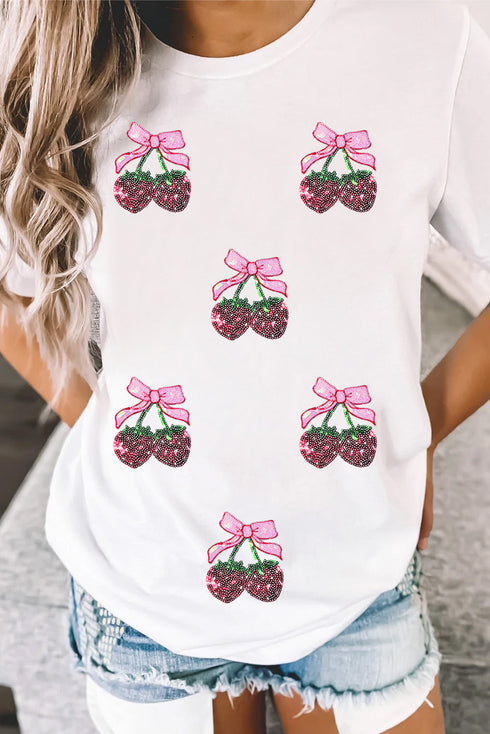 White Sequin Bow Strawberry Graphic Crew Neck T Shirt