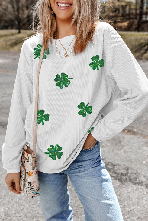 White Sequin Clover Patched Corded Drop Shoulder Sweatshirt