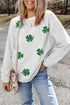 White Sequin Clover Patched Corded Drop Shoulder Sweatshirt