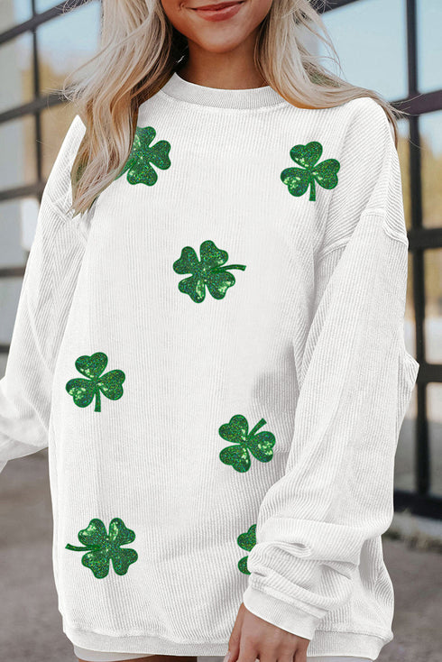 White Sequin Clover Patched Corded Drop Shoulder Sweatshirt