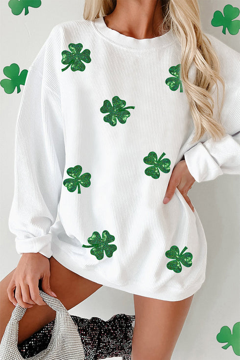 White Sequin Clover Patched Corded Drop Shoulder Sweatshirt