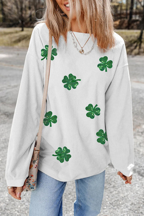 White Sequin Clover Patched Corded Drop Shoulder Sweatshirt