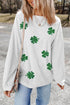 White Sequin Clover Patched Corded Drop Shoulder Sweatshirt